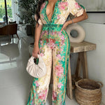 Vintage Floral Print Turn-down Collar Roll Up Sleeve Button Front Overalls Casual Drawstring Stretchy Waist Wide Leg Vacation Jumpsuit
