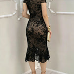 Women's Flock Floral Mesh Dress Off Shoulder Ruffle Hem Bodycon Dress Slit Evening Party Mermaid Gown