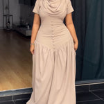Single Breasted Decor Cowl Neck Short Sleeve Cinched Waist Maxi Dress Elegant Zipper Back Ruched Party Dress