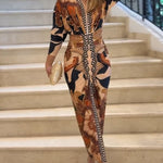 Vintage Baroque Deep V Neck Long Sleeve Slit Bodycon Dress Ruched Slim Fit Vacation Dress