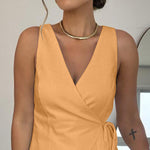2 Pieces Outfit Plain Wrap V Neck Criss Cross Tied Detail Linen Top and Casual Pockets Patch Shorts Set