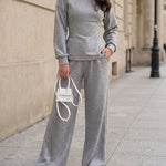 Women's 2 Piece Sweatsuit Set Long Sleeve Back Lace Up Pullover and High Waist Wide Leg Pants Lounge Tracksuit with Pockets