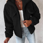 Textured Striped Turn-down Collar Button Front Elastic Cuff and Hem Teddy Fleece Jacket With Decorative Flap Pockets