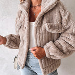 Textured Striped Turn-down Collar Button Front Elastic Cuff and Hem Teddy Fleece Jacket With Decorative Flap Pockets