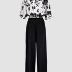 2 Pieces Outfit Floral Print Round Neck Bell Sleeve Satin Top and High Waist Wide Leg Work Pants Set