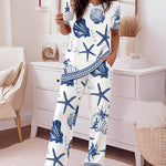 Women's 2 Piece Ocean Style Print Lounge Sets Short Sleeve T Shirt and High Waisted Wide Leg Pants Pajamas Sets with Pockets