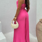 Women's Pleated Wide Leg Jumpsuit Spaghetti Strap High Waisted Shirred Backless Flared Overalls