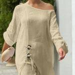 2 Pieces Outfit Button Decor One Shoulder Turn-Up Sleeves Slit Raw Edges Top and Casual Drawstring Elastic Waist Wide Leg Pants Set