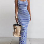 Women's Striped Ribbed Knit Maxi Dress Slim Fit Sleeveless Cami Dress Beach Vacation Sundress