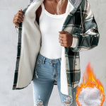 Plaid Pattern Long Sleeve Shacket Button Down Fleece Lined Hooded Jackets Warm Coat