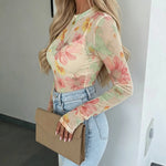 Women's French Style Watercolor Floral Print Mesh Top Long Sleeve Sheer Blouse See Through Slim Fit Tee with Thumbholes