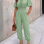Women's Cold Shoulder Jumpsuit Casual High Waist Shirred Cuffed Overalls with Pockets