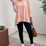 Women's Asymmetric Hem Long Sleeve Top Loose Fit Dropped Shoulder Crewneck Soft Slouchy Casual Tee
