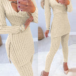 Women's Ribbed Knit Two-Piece Set Heart Chain OverlapV-Neck Side Slit Long Sleeve Top and Fitted Pants