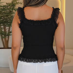 Contrast Lace Sleeveless Square Neck Crop Tank Casual Frill Hem Metal Button Decor Ribbed Knit Top