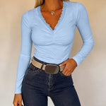 Women's Lace V Neck Ruched T Shirt Slim Fit Long Sleeve Tee Casual Elegant Top