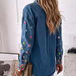 Women's Floral Embroidered Denim Jacket Colorful Button Down Jean Coat Casual Washed Shacket