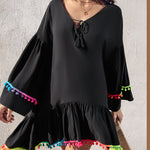 Colorblock V-Neck Bell Sleeve A Line Tassel Mini Dress Vacation Dress