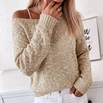 Women's Sequin Knit Sweater Loose Skew Neck Pullover Top Sheer Hollow Out Shimmering Long Sleeve Top