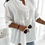 Notch Neck Roll Up Sleeve Lace Overlay Shirt Half Button Front Ruffle Hem Casual Top
