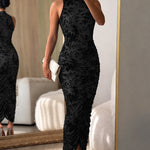 Women's Flocking Floral Mesh Midi Dress Mock Neck Sleeveless Ruched Bodycon Dress Sheer Overlay Cocktial Party Dress