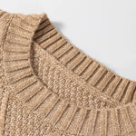 Round Neck Long Sleeve Drop Shoulder Pullover Sweater Casual Loose Fit Cable Knit Mid Length Sweater