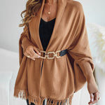 Tassel Design Long Sleeve Slit Cardigan Fashion Versatile Warm Cape Shawl