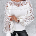 Crewneck Guipure Lace Long Sleeve Hollow Out Knit Sweaters Pullover Tops