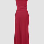 Sleeveless Ruched Cinched Waist Draped Bandeau Dress Eyelet Embroidery Slit Asymmetrical Hem Vacation Dress