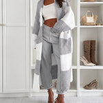 Women's Checkerboard Knit Cardigan Oversized Long Chunky Sweater Loose Lantern Sleeve Coat with Pockets