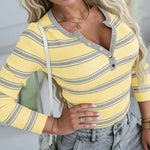 Women's Striped Ribbed Knit Top Slim Fit Long Sleeve Henley Shirt Gold Button Pullover