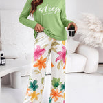 Women's 2 Piece Pajama Set Letter Long Sleeve Top and Floral Straight Leg Pants Casual Loungewear