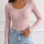 Women's Rhinestone Embellished Ribbed Long Sleeve Layering Top Slim Fit U-Neck Knit Tee Elegant Stretchy Pullover