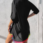 Turn-down Collar Roll Up Sleeve Tassel Hem Pompom Side Slit Straight Dress Casaul Dress