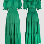 Off Shoulder Short Sleeve Frill Hem Lace Up Dress Casual Strechy Waist Flared Maxi Dress