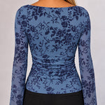 Women's Flocked Floral Boat Neck Sheer Mesh Long Sleeve Top Ruched Pullover