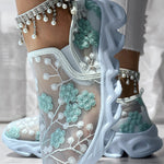 Floral Pattern Sheer Mesh Patch Round Toe Sneakers