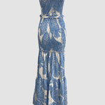 Tropical Print Halter Tie Shirred Frill Trim Cinched Waist Vacation Dress Ruched Cutout Front Slim Fit Ruffle Hem Mermaid Dress