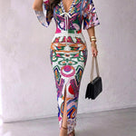 Women's Sexy Deep V Neck Abstract Print Maxi Dress Drawstring Ruched Front Slit Half Sleeve Bodycon Dress