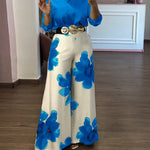 2 Pieces Outfit Long Sleeve Satin Blouse and Casual Floral Print High Waist Wide Leg Pants Set
