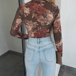 Women's Vintage Floral Print Sheer Mesh Top Long Sleeve Slim Fit Crewneck Layering Top with Thumb Hole Cuffs