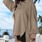 Half Snap Button Front Drop Shoulder Batwing Sleeve Sweatshirt Loose Fit Side Slit High-Low Hem Casual Top