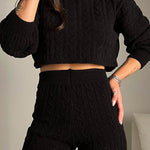 2 Piece Crewneck Long Sleeve Cable Knit Crop Sweater High Waist Shorts Tracksuits Outfits