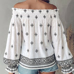 Vintage Tribal Placement Print Shirred Off Shoulder Flared Cuffs Blouse Casual Frill Trim Boho Top