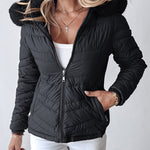 Zipper Pocket Design Shirred Fuzzy Trim Fleece Lined Hooded Puffer Jacket