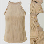 Women's Halter Neck Tank Top Vintage Gold Button Wave Textured Sleeveless Slim Fit Top