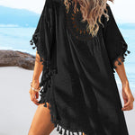 Women's Front & Back Reversible Beach Cover Up Crochet Lace Hollow Out Spliced Tassel Vacation Caftan Dress