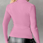 Long Sleeve Button Down Shirt Collar Neck Ruched Fitted Top