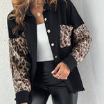 Contrast Sequin Leopard Print Spliced Turn-down Collar Button Front Denim Jacket Casual Pockets Design Raw Hem Coat
