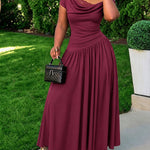 Women's Cowl Neck Lace Spliced Maxi Dress Skew Neck Ruched A Line Dress
